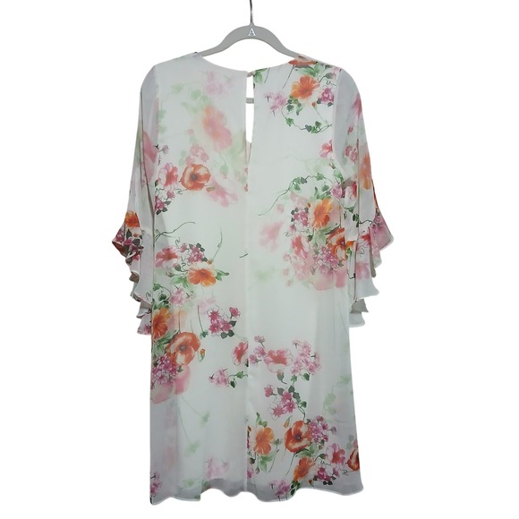 Calvin Klein Floral Dress Ruffle Sleeve V Neck Sheer White Pink‎ Orange S - Picture 4 of 9